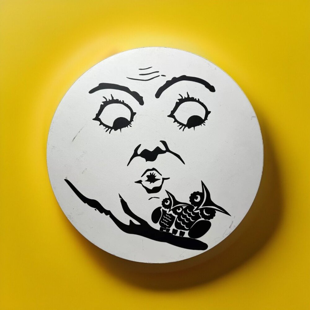 13.5" Retro Anthropomorphic Wood Moon Man Owls Halloween Sign Wall Window Decor - Picture 1 of 10